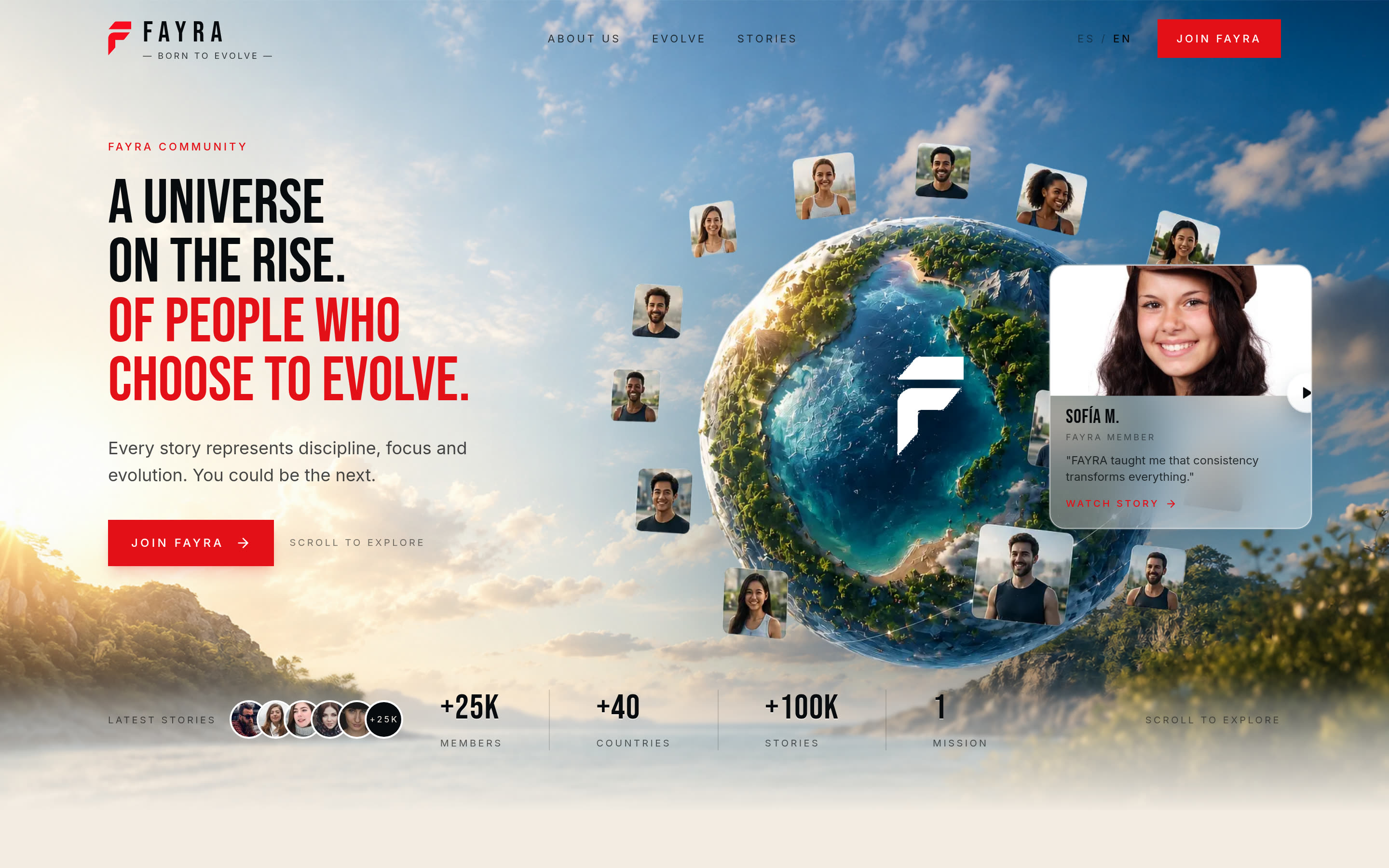 FAYRA World homepage hero — a globe surrounded by community member photos, 'A universe on the rise of people who choose to evolve'
